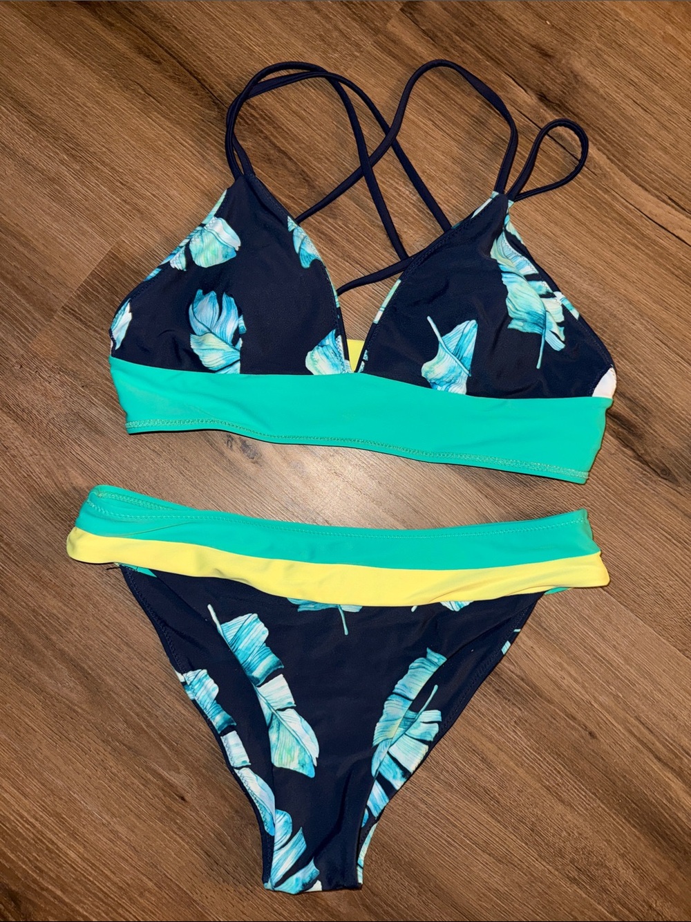 Cupshe Navy Floral Bikini with Teal and Yellow Accents